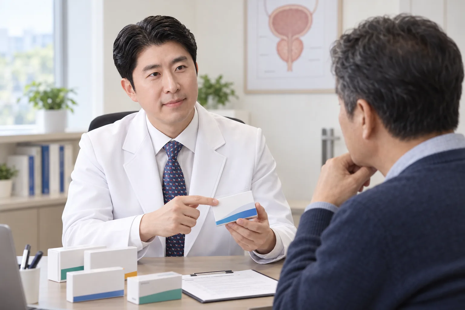 박지현 원장과 성인 남성이 전립선비대증이 있다면 감기약 복용 전 확인할 것 주제로 상담하는 AI 생성 이미지