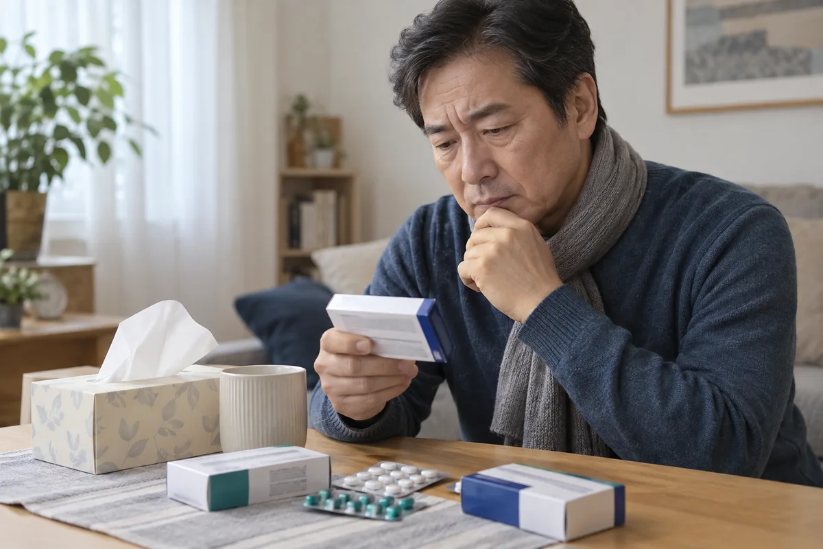 감기약 성분 확인을 설명하는 약 상자와 휴지 — AI 생성 이미지