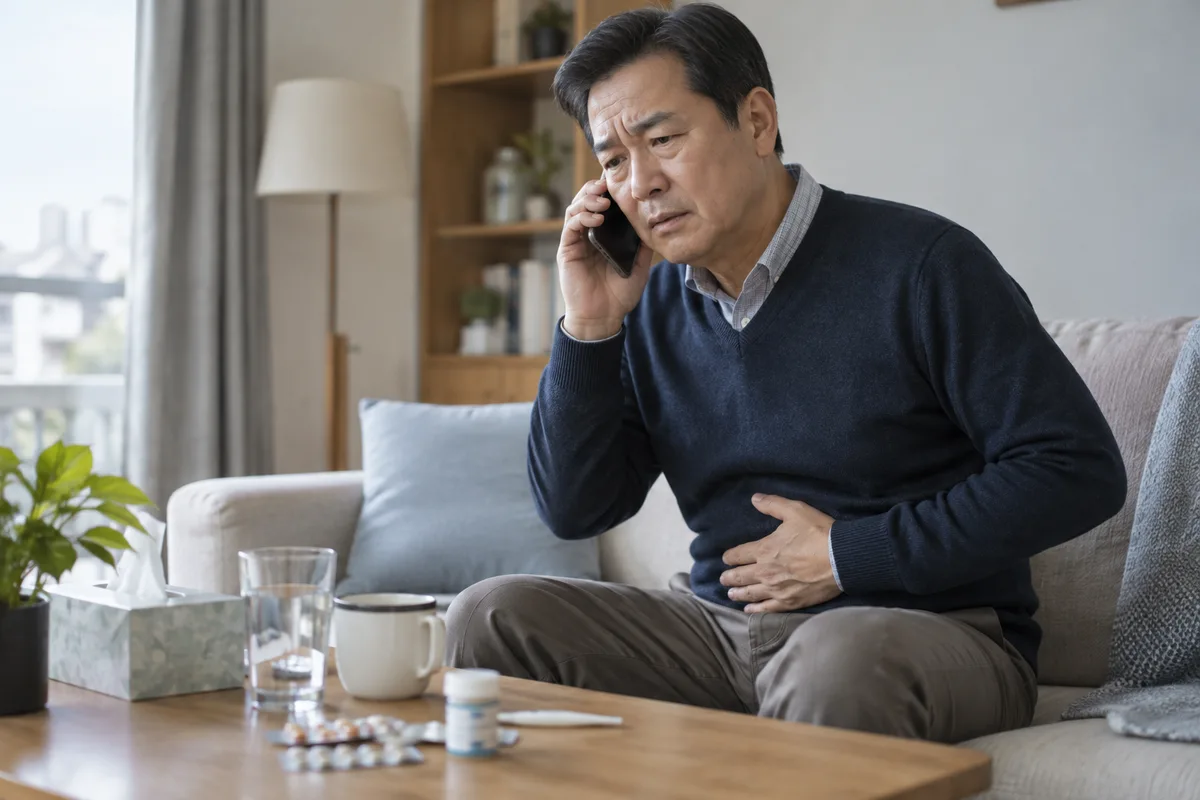 배뇨 곤란으로 의료기관에 연락하는 성인 남성 — AI 생성 이미지
