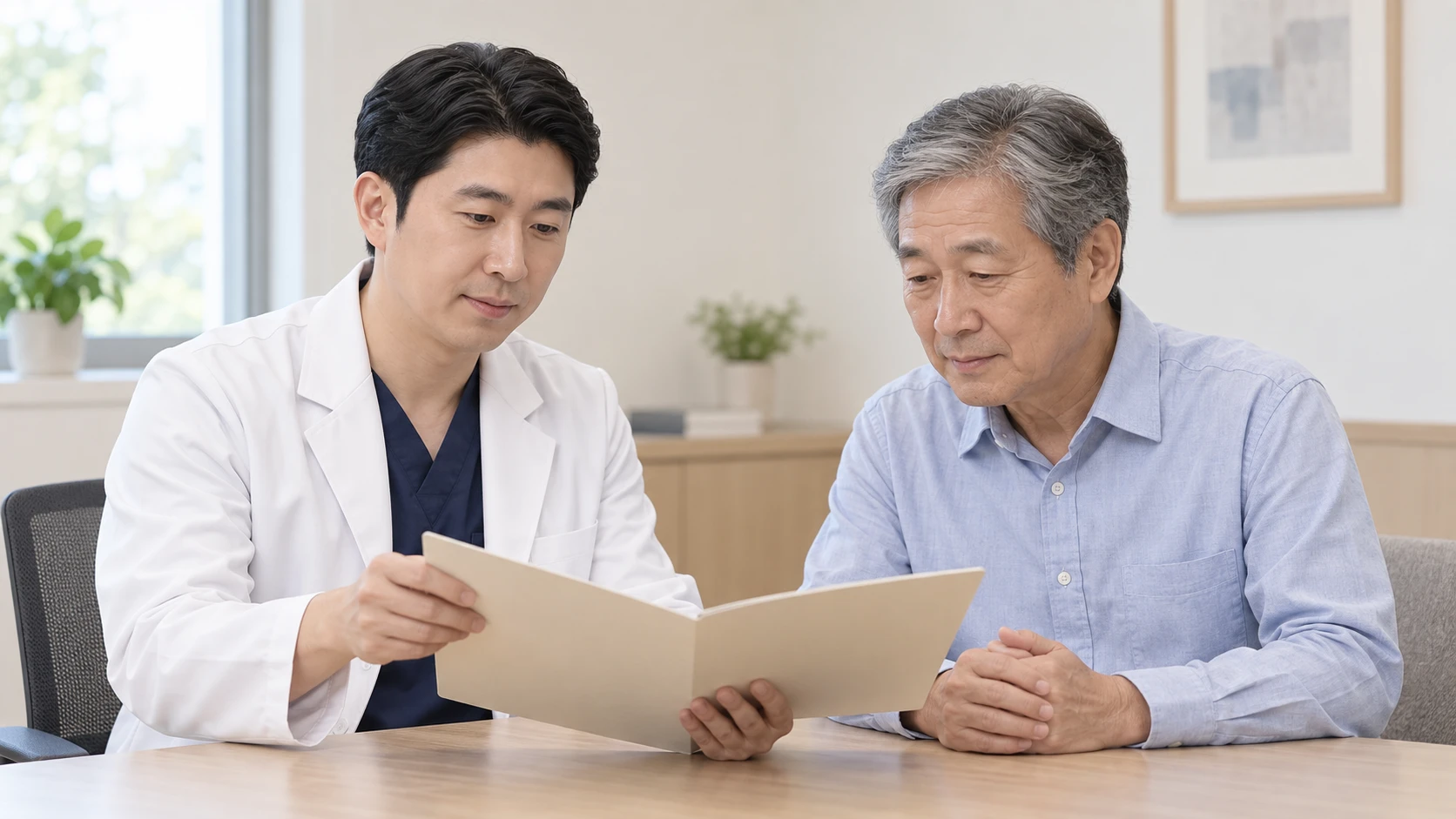 검사 결과를 바탕으로 치료 계획을 상담하는 의사와 남성 (AI 생성 이미지)