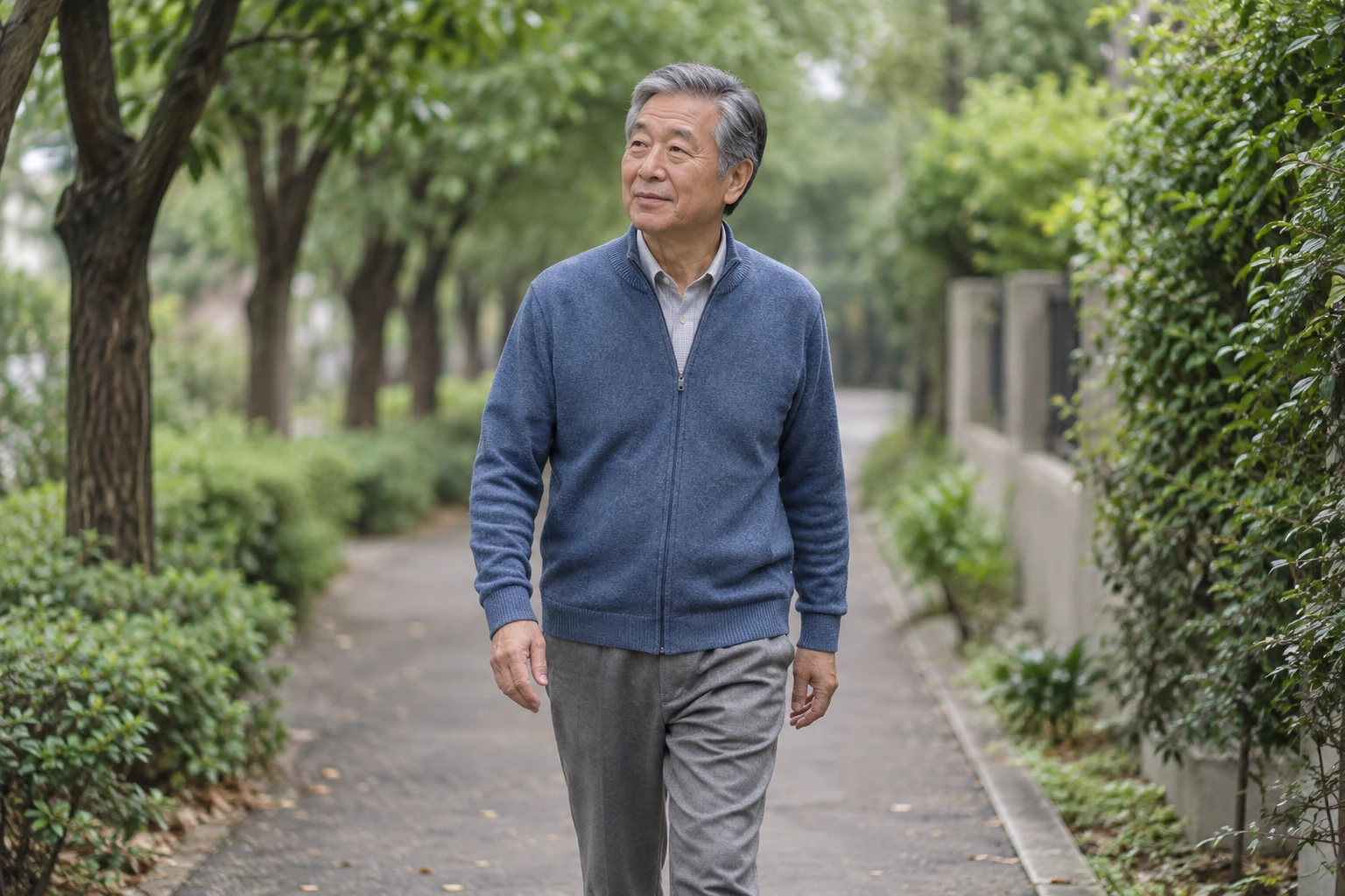 회복 중 자신의 상태에 맞춰 가볍게 걷는 남성