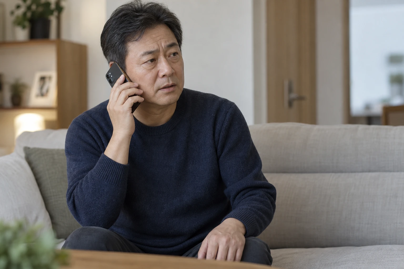 회복 중 달라진 증상에 관해 전화로 도움을 요청하는 남성