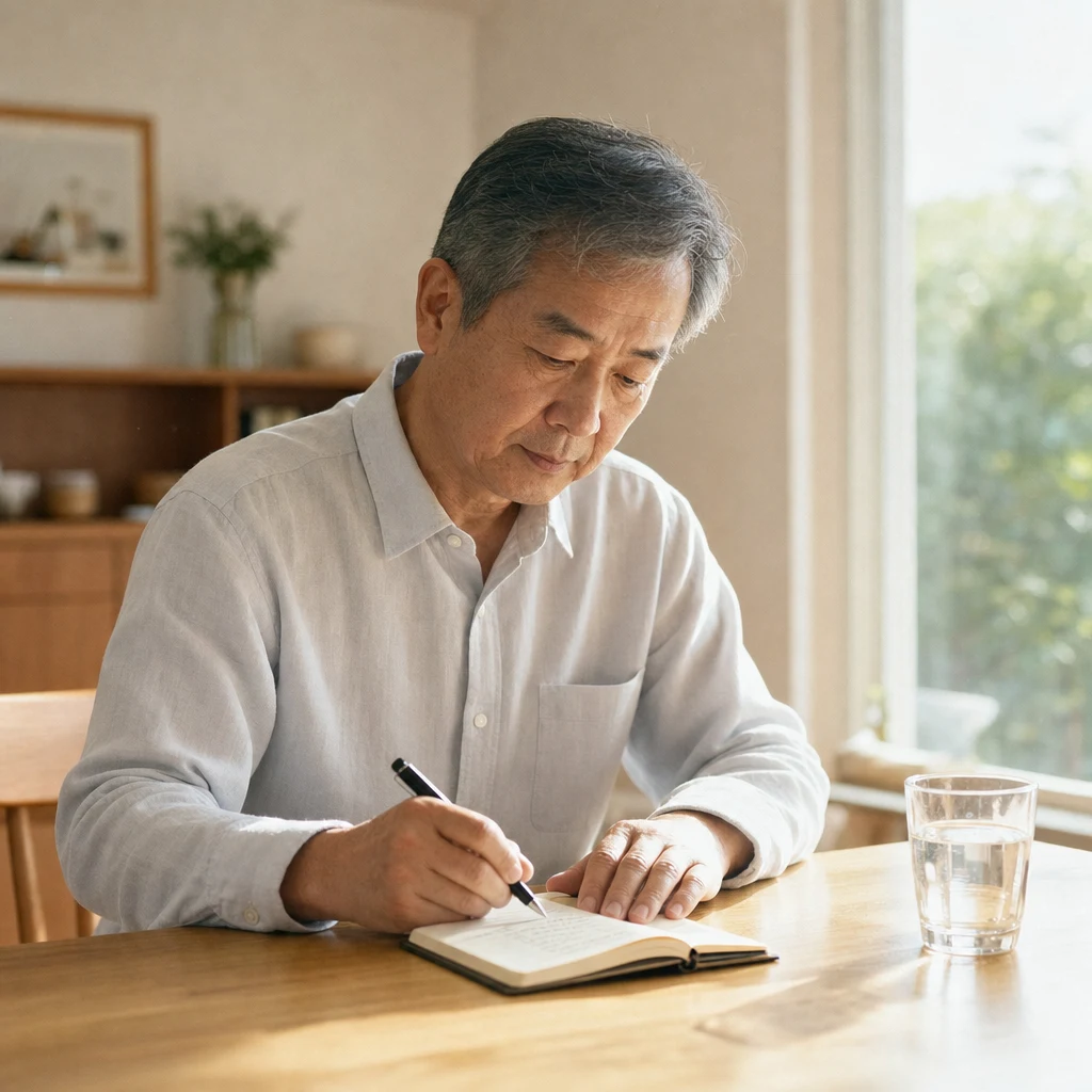 배뇨일지를 작성하며 생활 습관을 관리하는 60대 남성