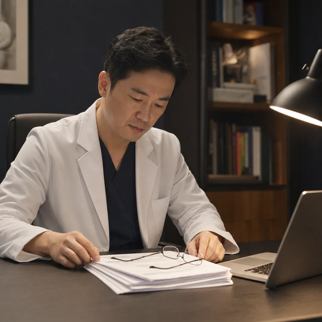 임상 가이드라인 문서를 검토하는 비뇨의학과 전문의