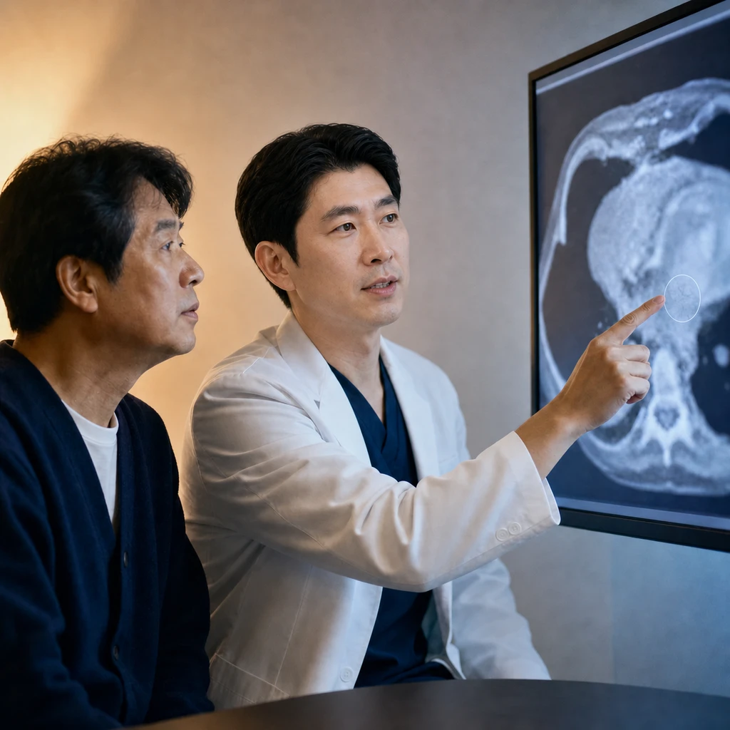 Medical scene checking the size, location, and hardness of the stone with CT