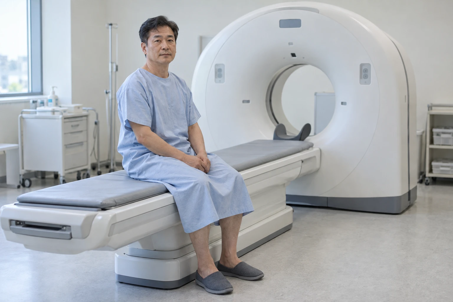 결석 평가를 위한 CT 검사를 준비하는 환자