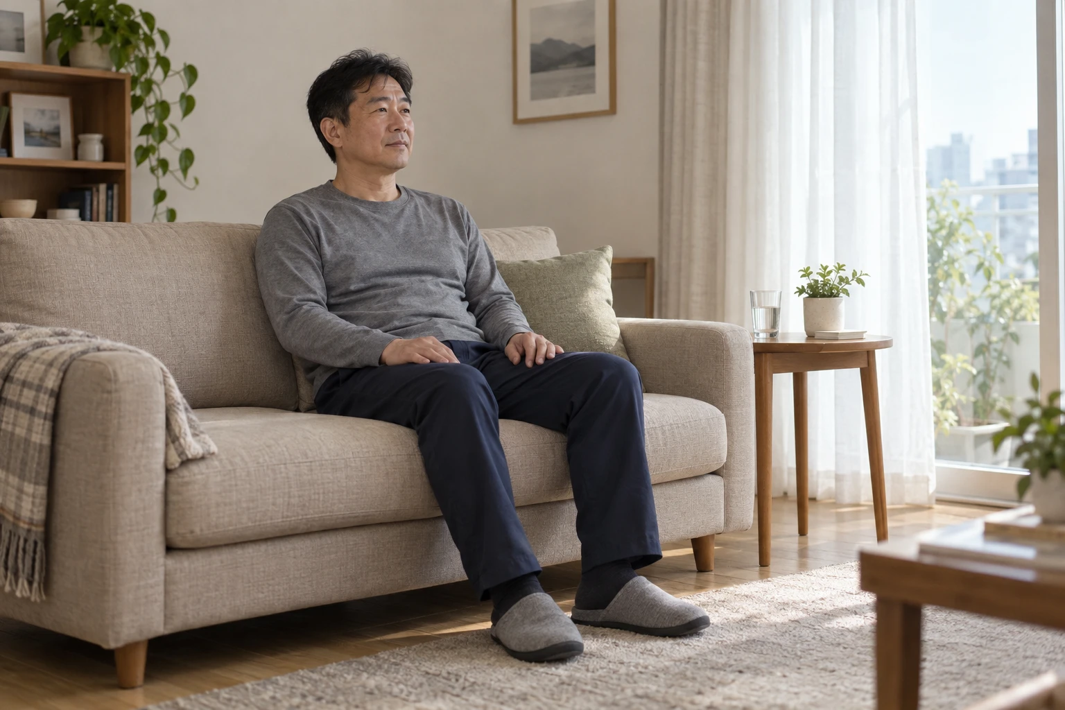 물컵을 곁에 두고 집에서 휴식하는 환자