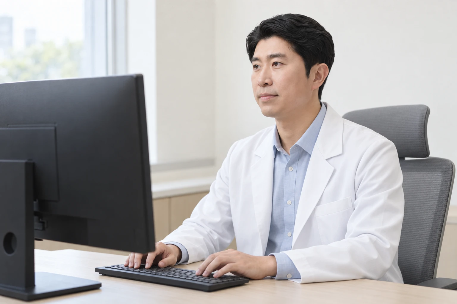 진료실 모니터로 추적 검사 자료를 확인하는 의사