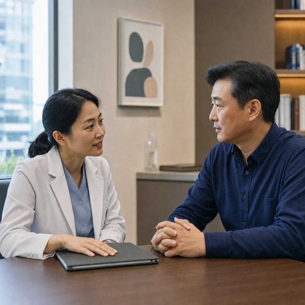 체외충격파쇄석술의 초점 충격파가 요로결석에 전달되는 원리를 설명하는 진료 장면
