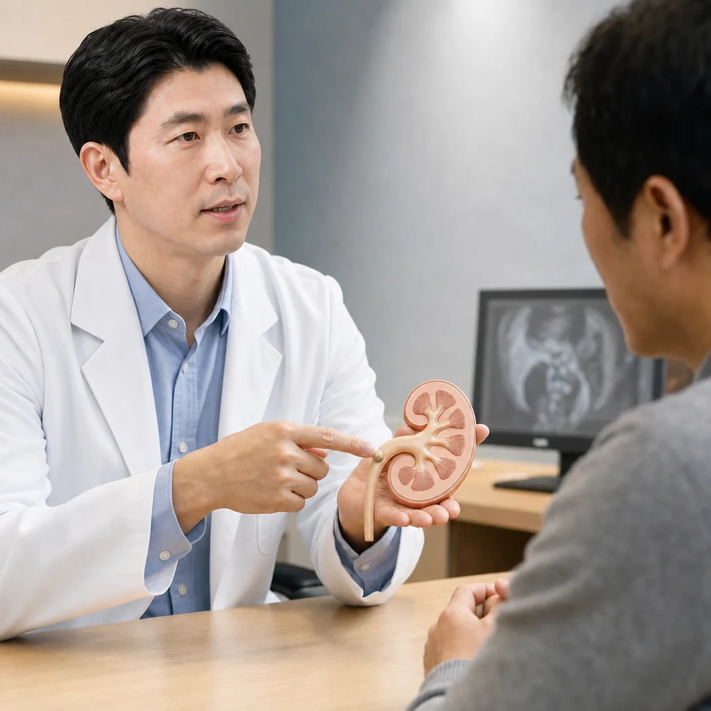 Medical staff explaining the location of stones using a kidney and ureter model