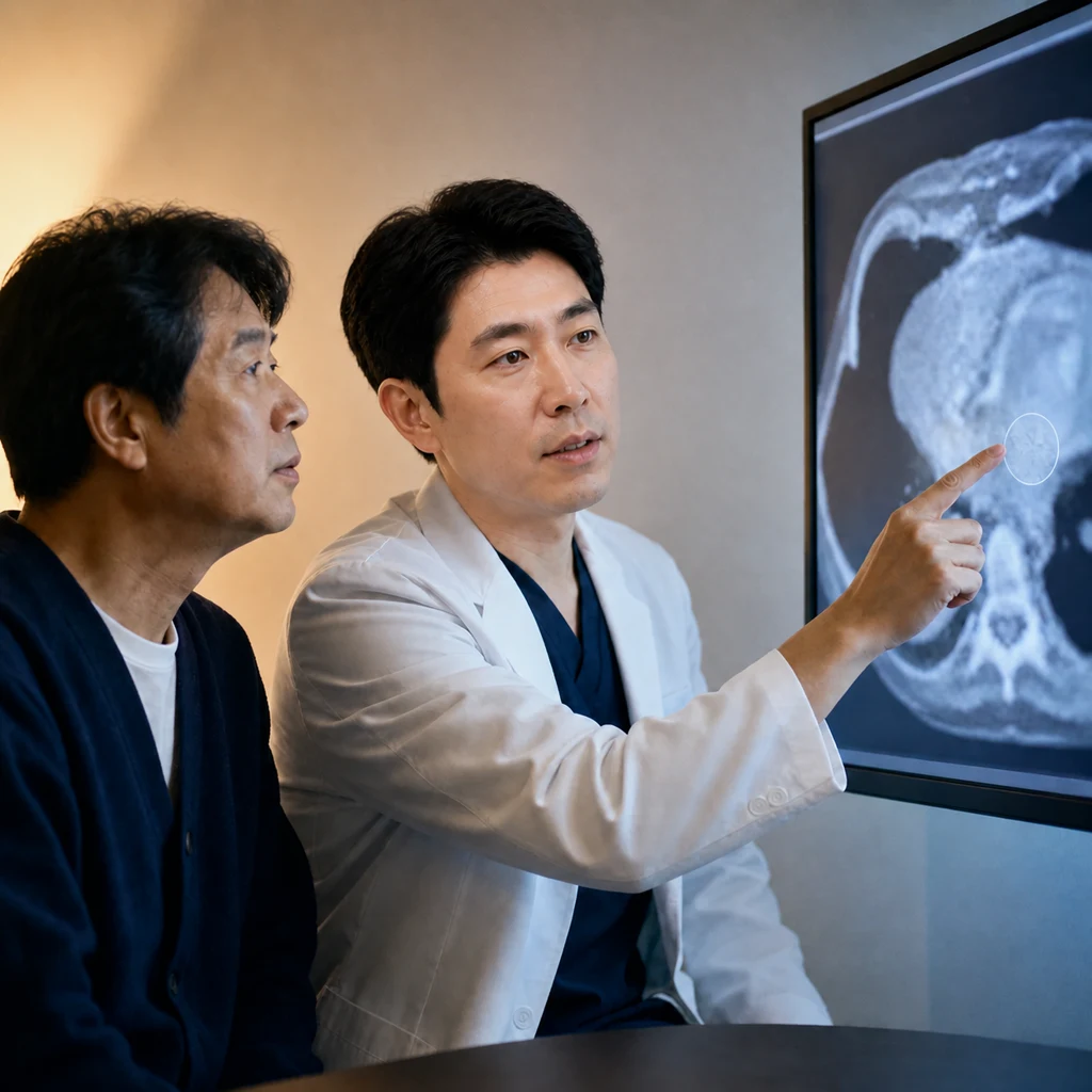 Medical staff and patient checking the imaging examination screen together