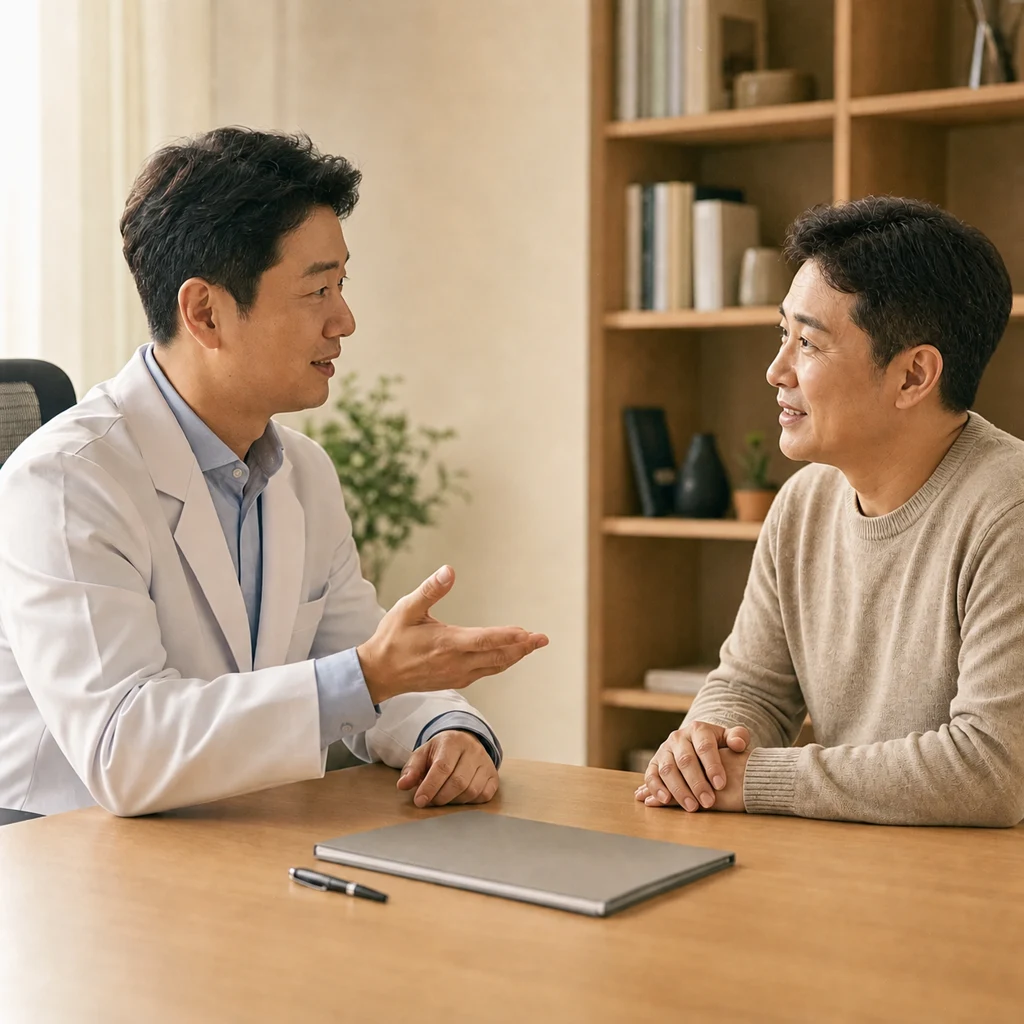 건강보험 적용 여부를 상담하는 의료진과 환자