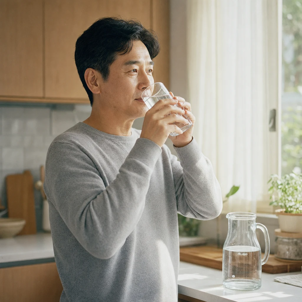 결석 재발 예방을 위해 물을 마시는 일상 모습