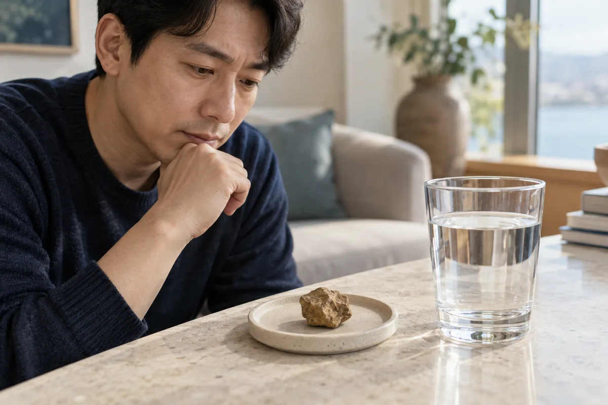 결석을 비유한 작은 돌과 물잔 — AI 생성 이미지