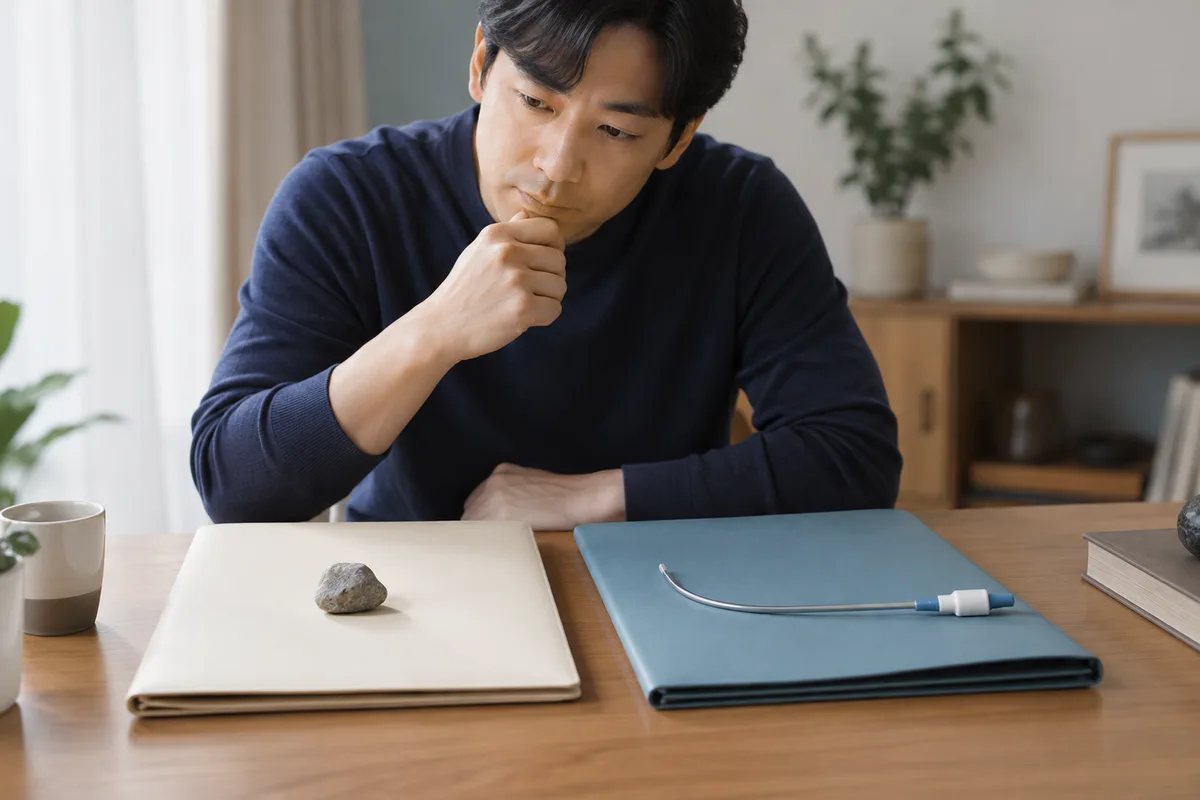 두 치료 계획을 비교하는 서류철과 소품 — AI 생성 이미지