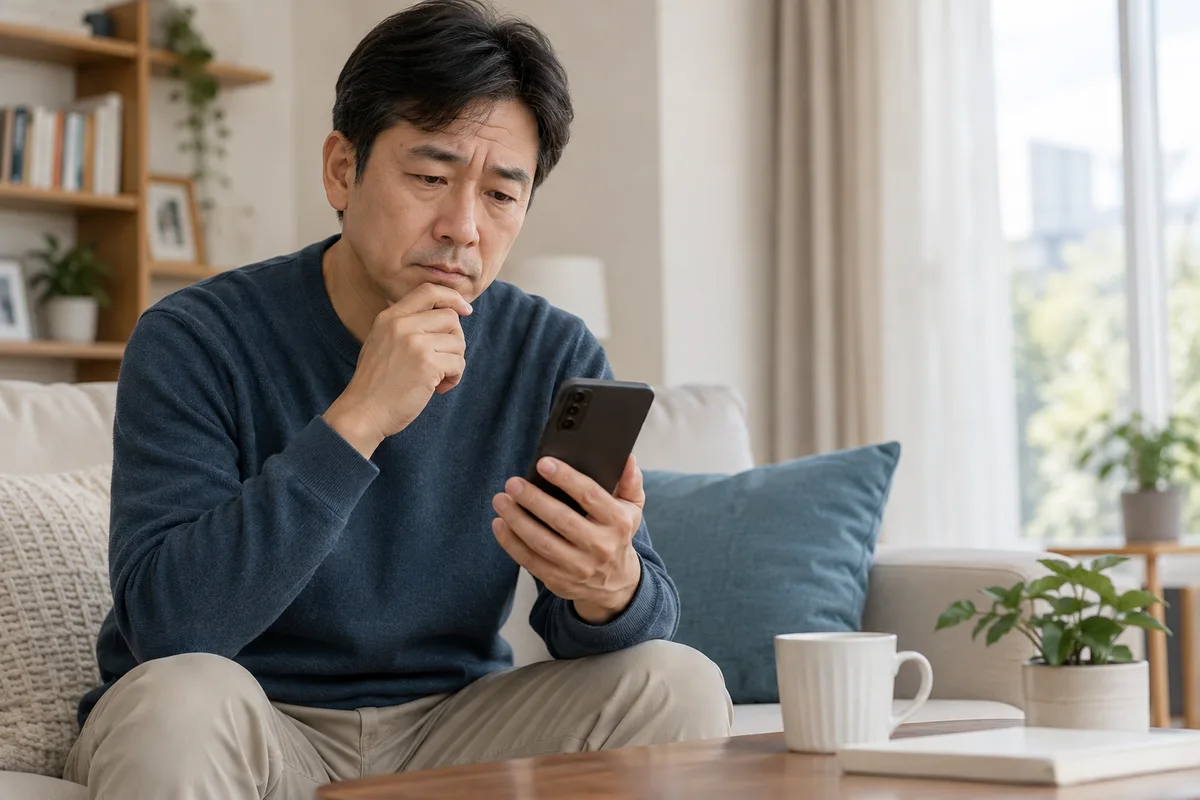 치료 후 집에서 쉬며 연락을 준비하는 성인 남성 — AI 생성 이미지