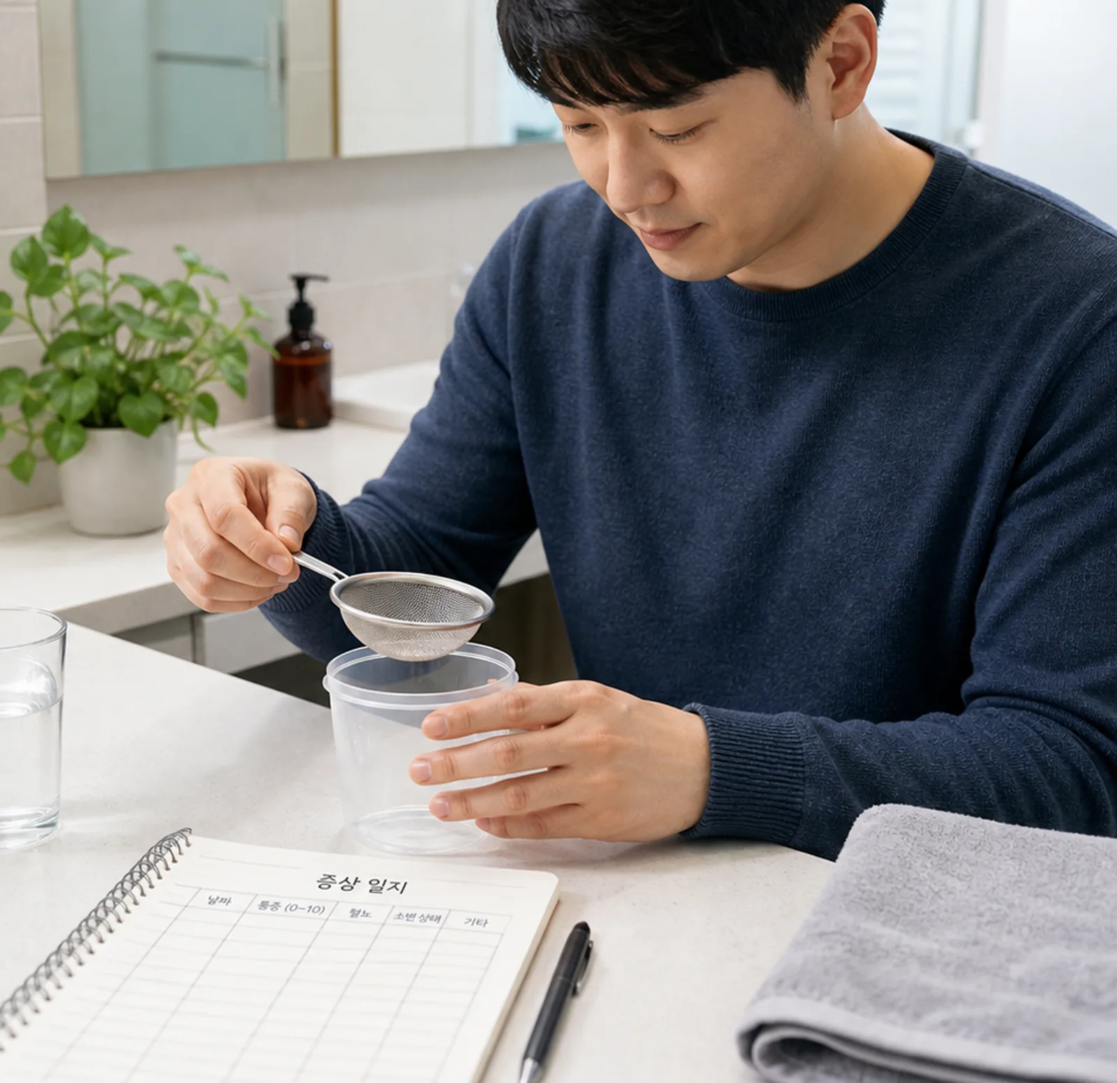 체외충격파쇄석술 후 결석 조각을 거름망으로 확인하는 환자