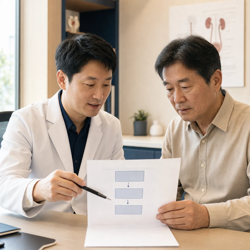 비뇨기과 상담실에서 치료 단계 차트를 함께 검토하는 의사와 50대 남성 환자