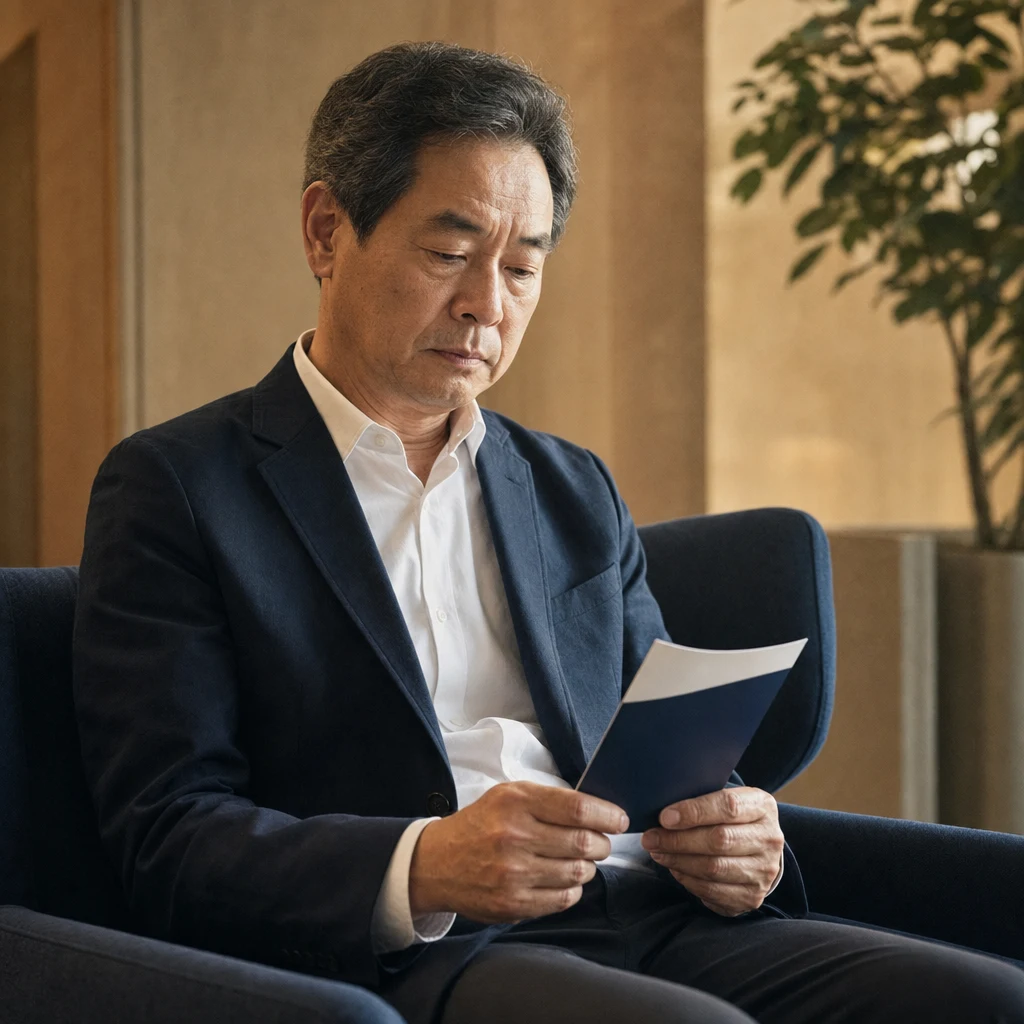 대기실에서 팸플릿을 읽으며 조용히 생각에 잠긴 50대 남성 환자