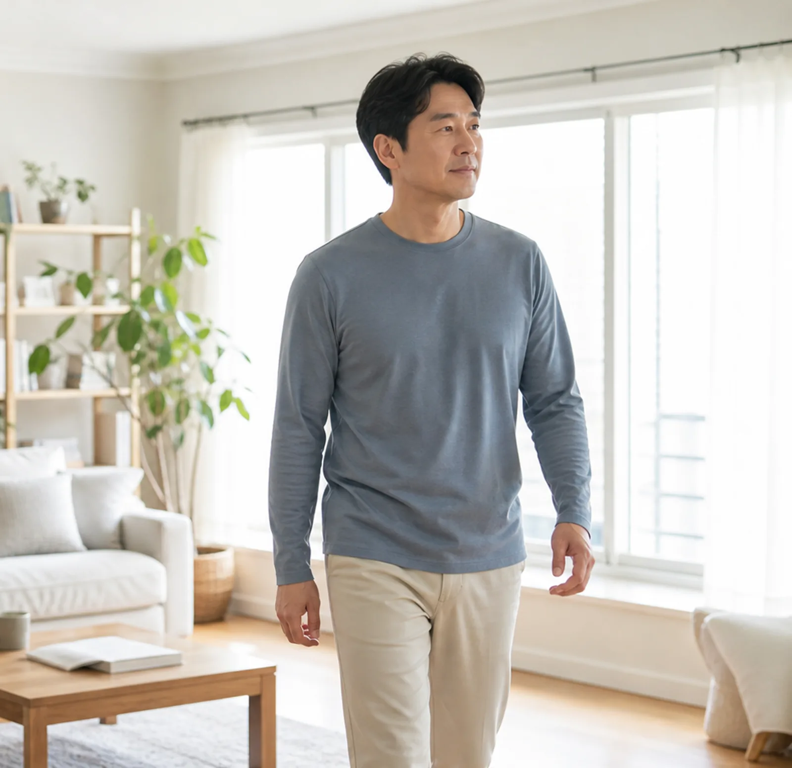 비뇨기 수술 뒤 집에서 가볍게 걸으며 회복하는 중년 남성