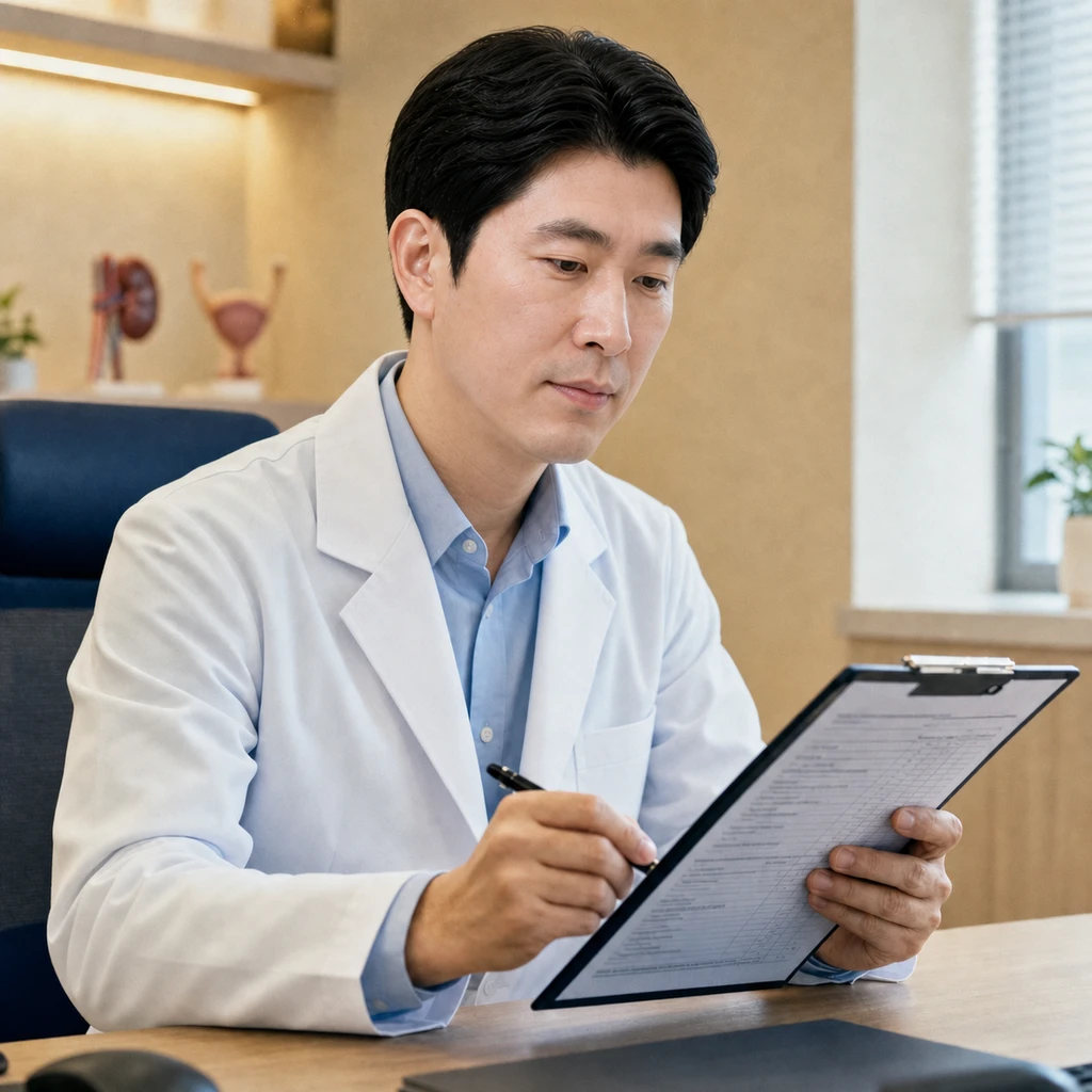 A scene evaluating urine flow, residual urine, and prostate structure comprehensively before prostate surgery