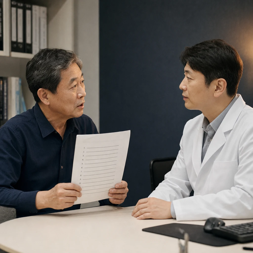 준비한 질문 목록을 들고 비뇨기과 의사에게 적극적으로 질문하는 50대 남성 환자