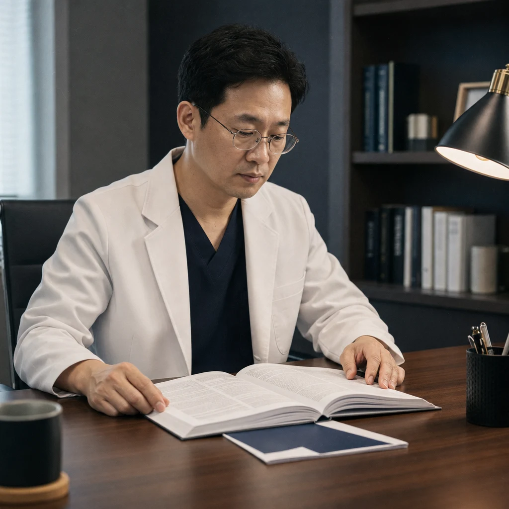 비뇨기과 의사가 공식 의학 가이드라인 문서를 집무실에서 검토하는 장면