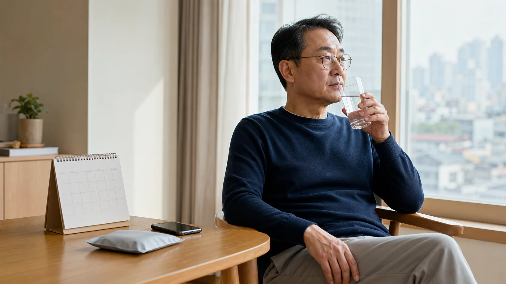 전립선 시술 후 집에서 물을 마시며 회복 일정을 확인하는 성인 남성
