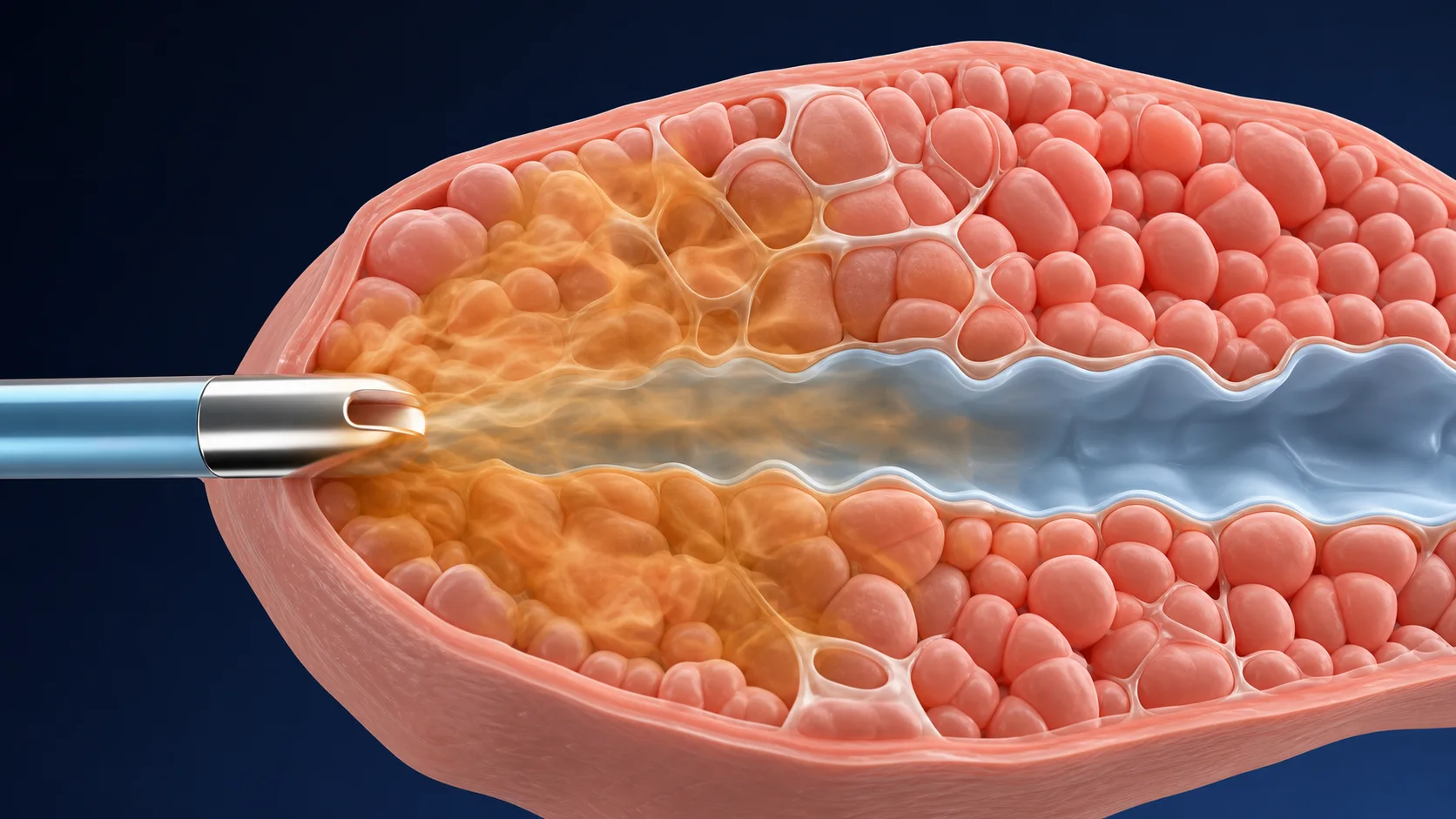 Medical image showing the principle of how steam thermal energy is delivered into the enlarged prostate tissue