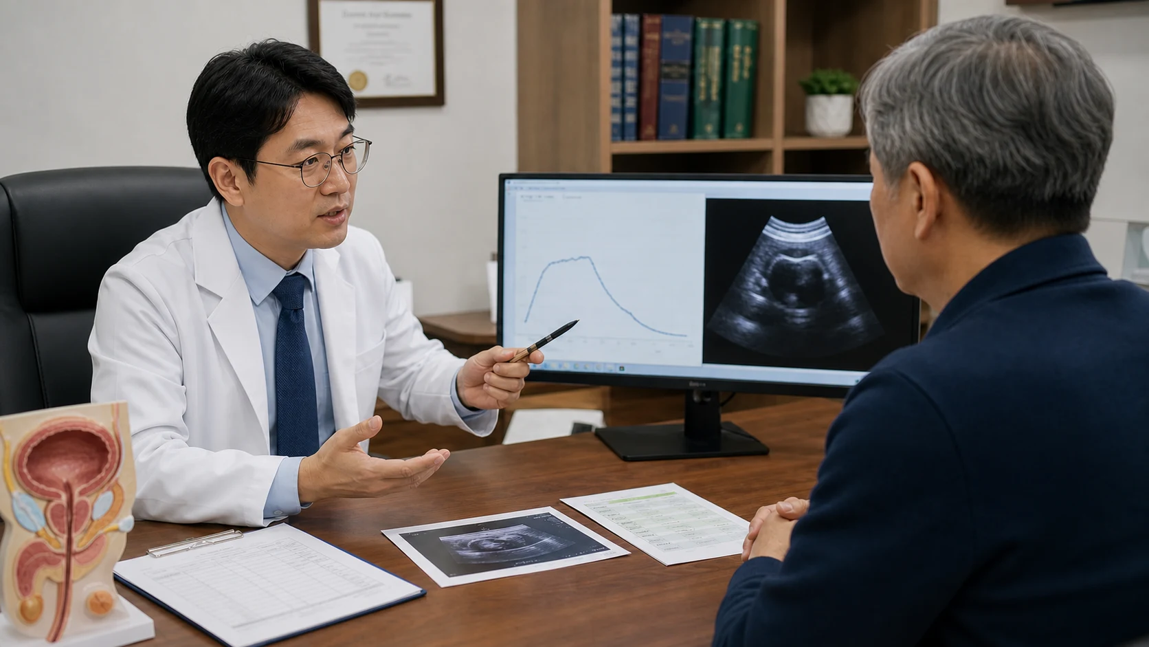 A doctor and patient reviewing various test results, including urine flow test and ultrasound