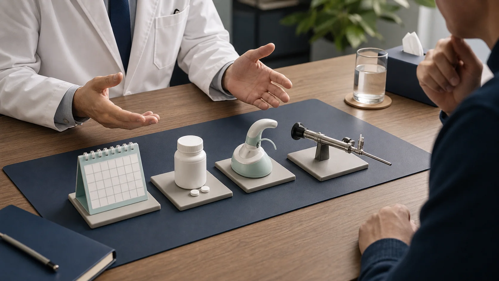 A scene comparing treatment options for benign prostatic hyperplasia, including lifestyle management, medication, steam therapy, and endoscopic surgery, in a balanced way