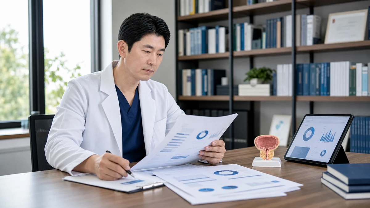Medical staff reviewing medical evidence and clinical guidelines related to prostate treatment