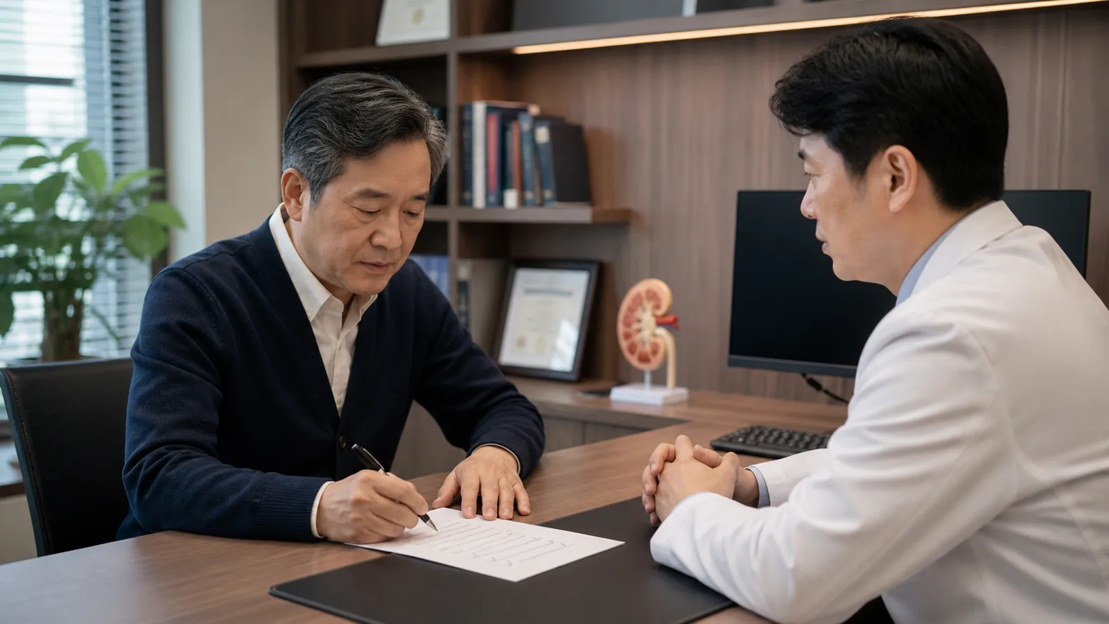 리줌 시술 후 증상 목록을 의료진과 함께 점검하는 중년 남성