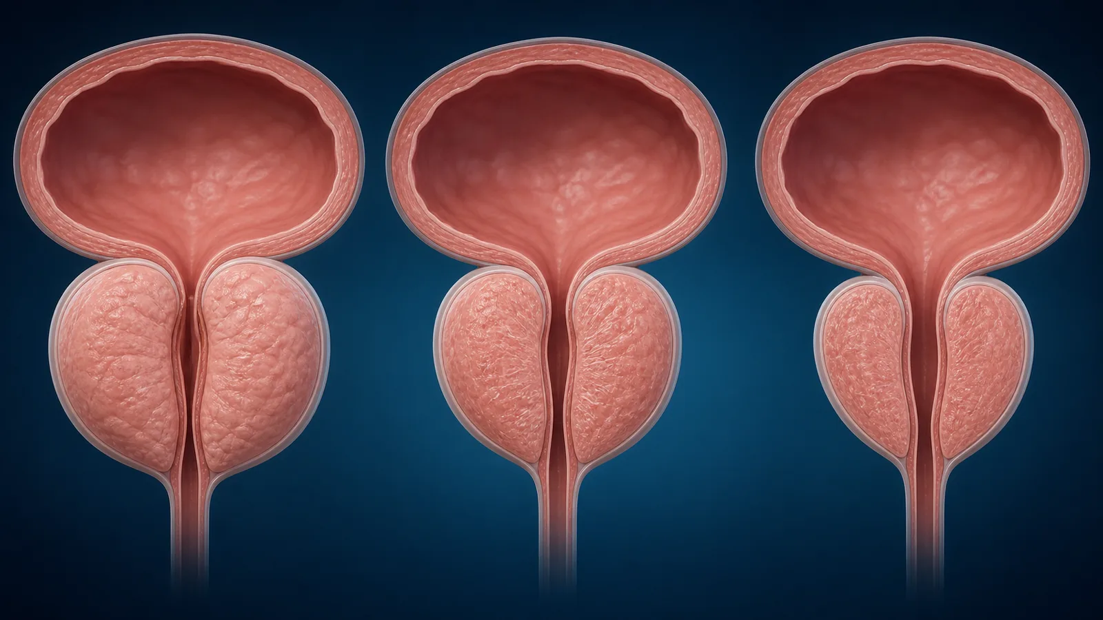 수증기 치료 후 전립선 조직의 부종과 점진적 감소를 단계별로 표현한 교육용 이미지
