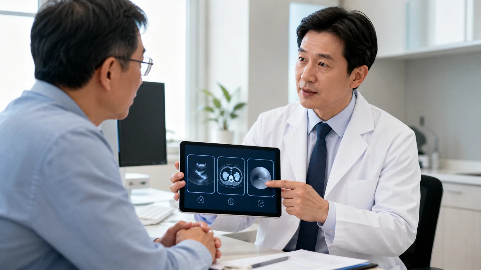 초음파와 CT, 방광내시경의 역할 차이를 환자에게 설명하는 비뇨기과 전문의