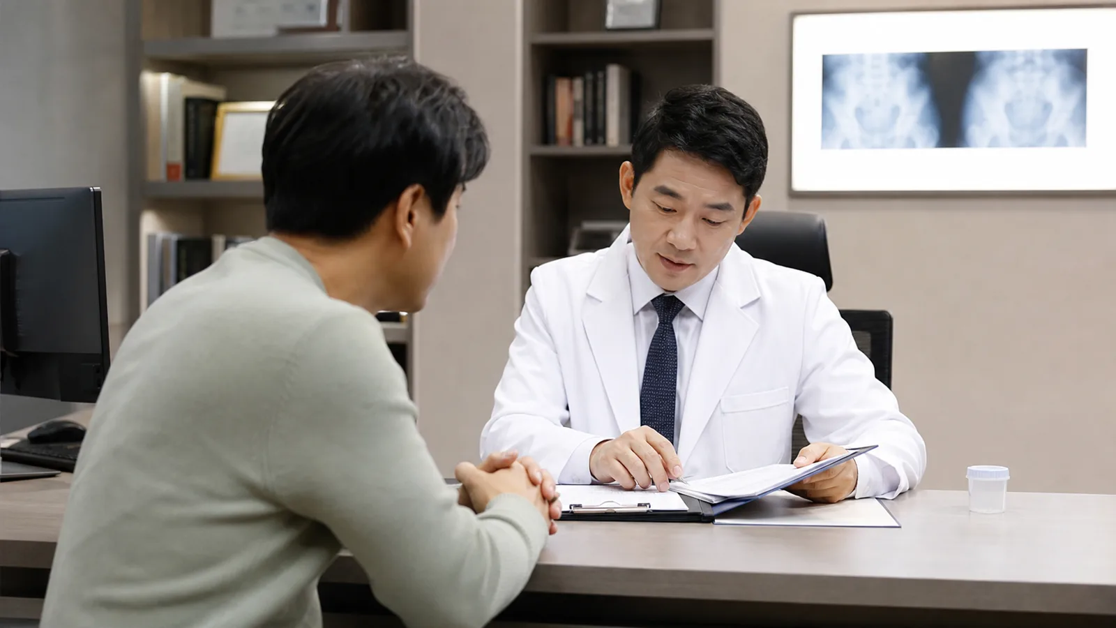 혈뇨 환자의 소변검사 결과와 병력을 함께 검토하는 비뇨기과 의사