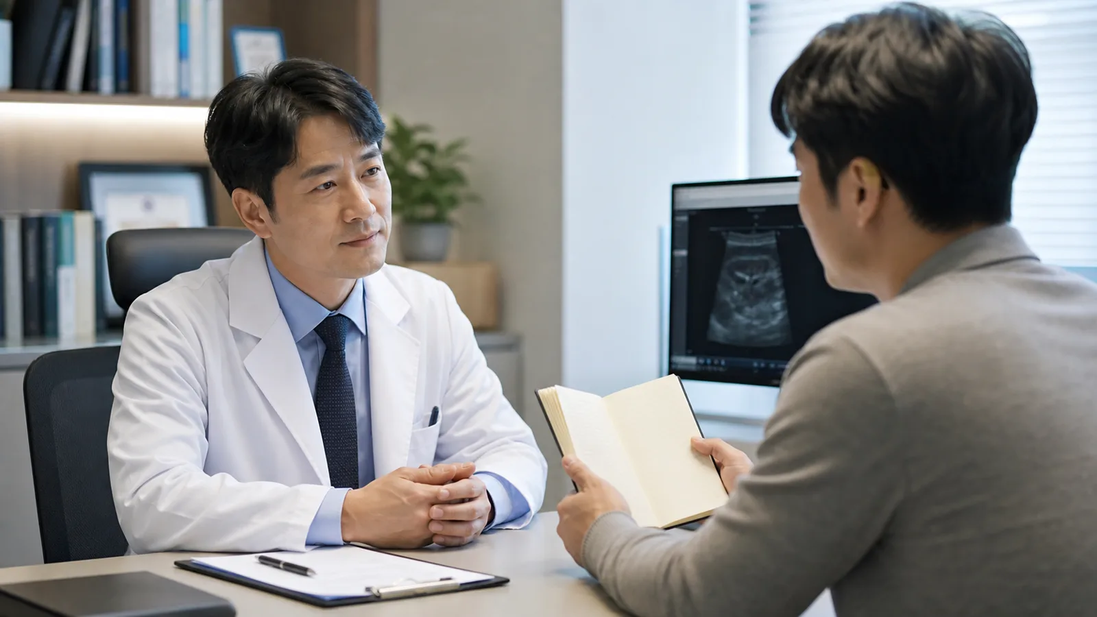 야간뇨 원인을 찾기 위해 수면과 배뇨 시간을 기록하는 모습