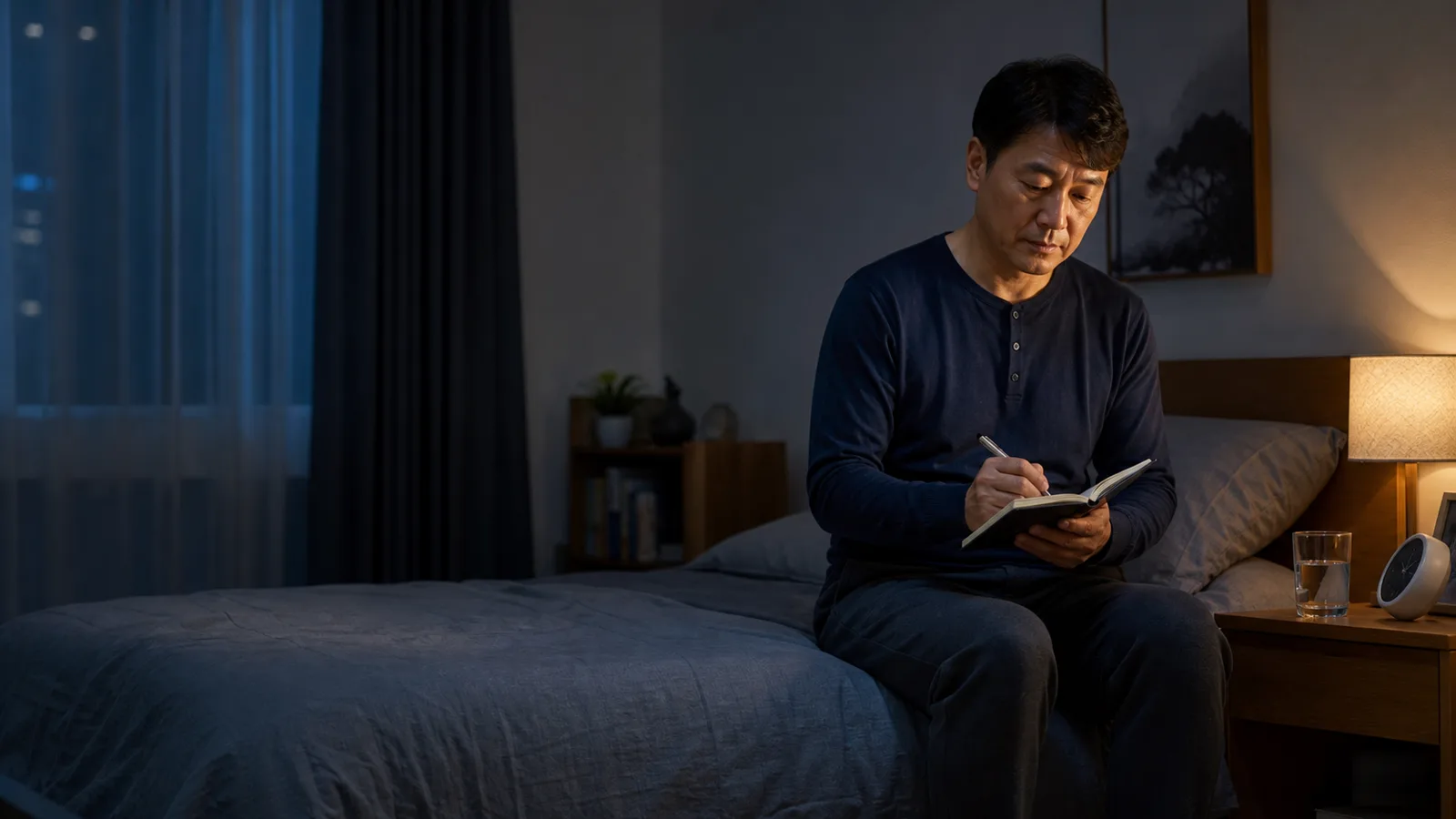 야간뇨 상담을 위해 수분 섭취와 배뇨 시간을 기록하는 성인