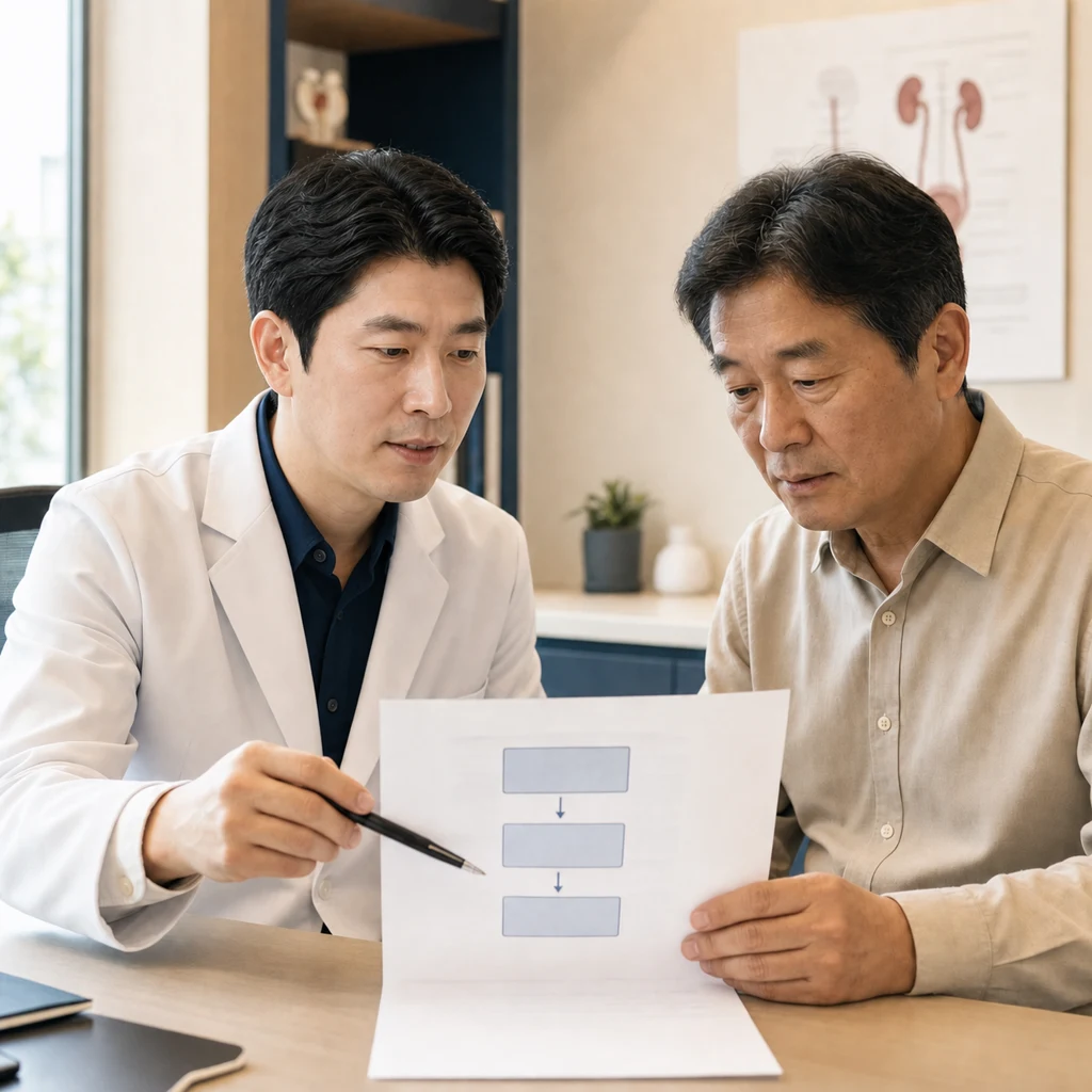 Scene reviewing the stages of erectile dysfunction treatment and the suitability for prosthetic surgery together