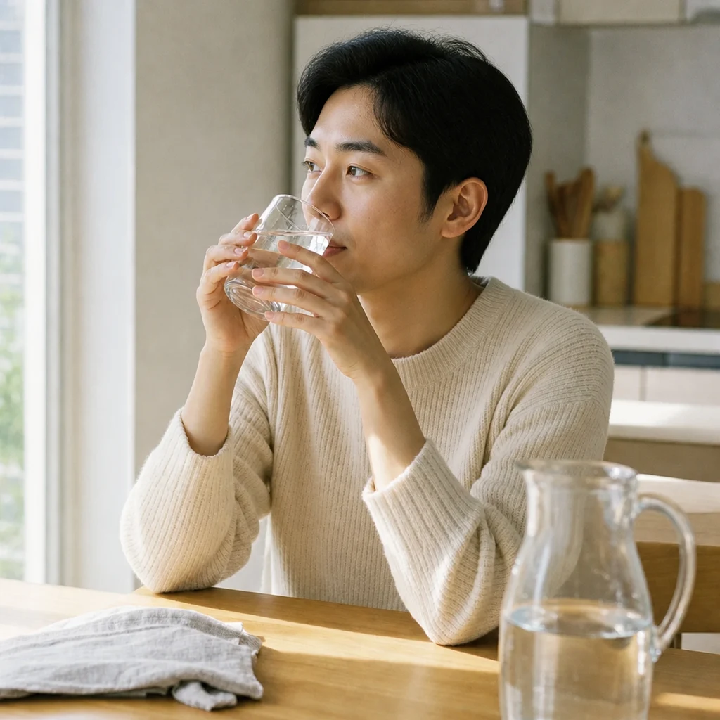 요로결석 예방을 위해 하루 동안 물을 나누어 마시는 모습