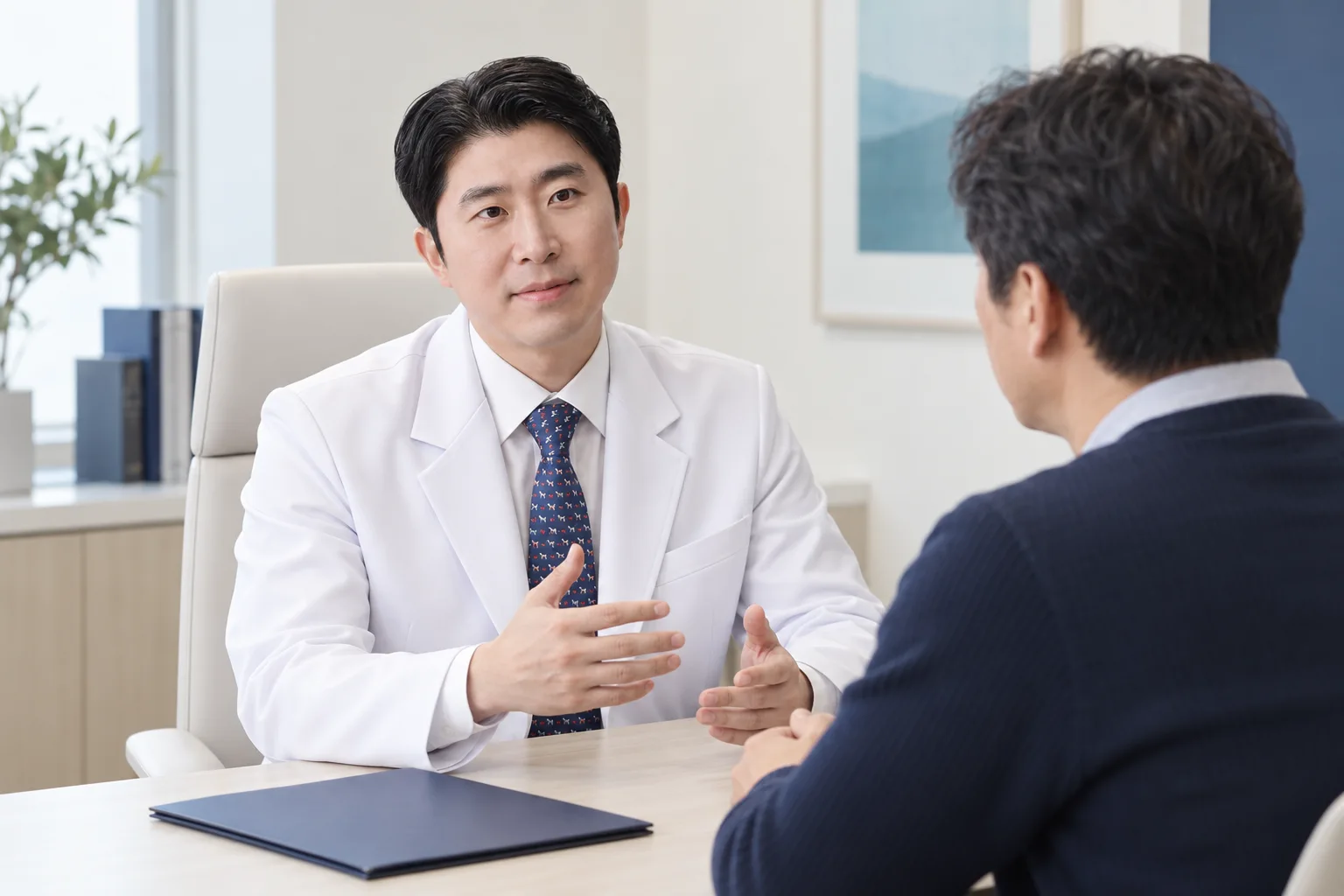 박지현 원장과 성인 남성이 남성보형물수술 전, 강직도·감각·크기에 관해 물어볼 질문 주제로 상담하는 AI 생성 이미지