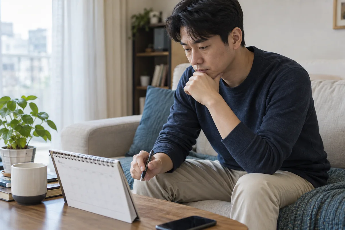 회복 중 쉬는 성인 남성과 일정표 — AI 생성 이미지