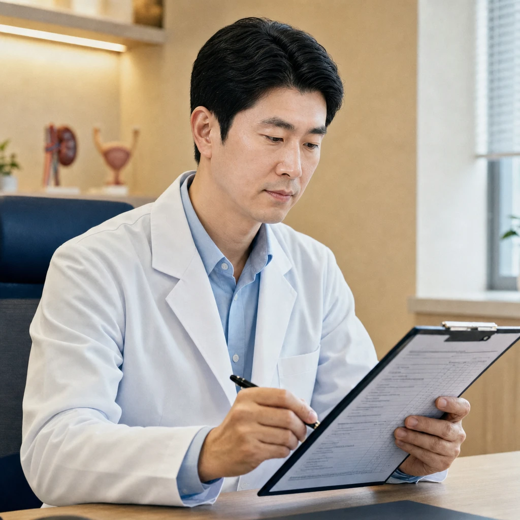 A scene evaluating the need for surgery by combining urine flow rate, residual urine, and prostate structure