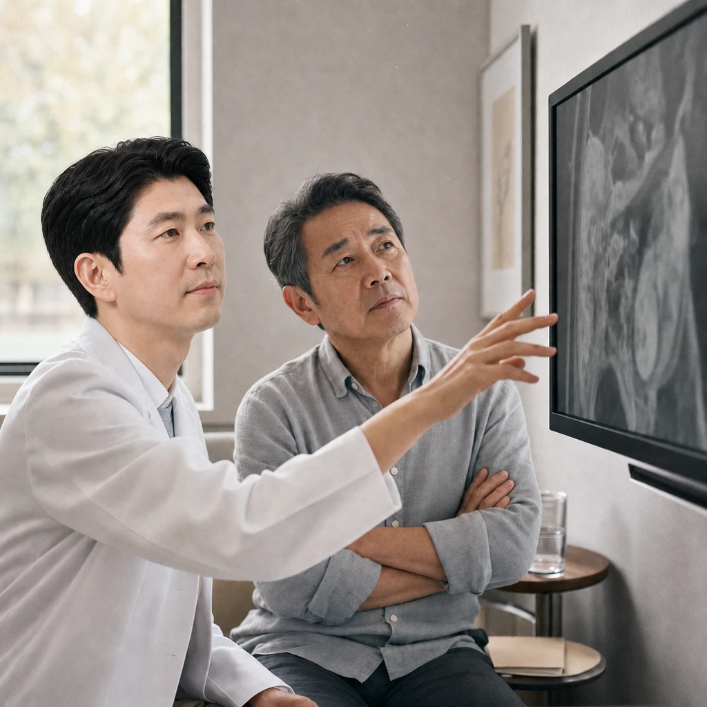 A patient receiving an explanation of the catheter and recovery schedule after prostate surgery