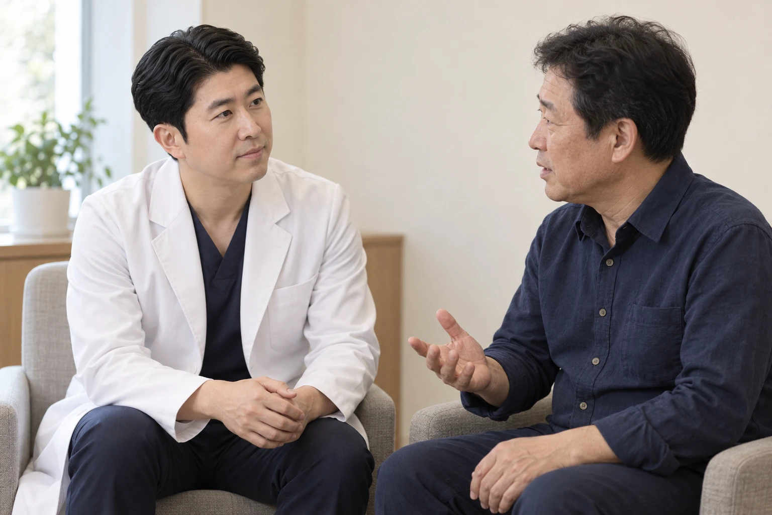 의사와 중년 남성이 치료 목표를 의논하는 AI 생성 이미지