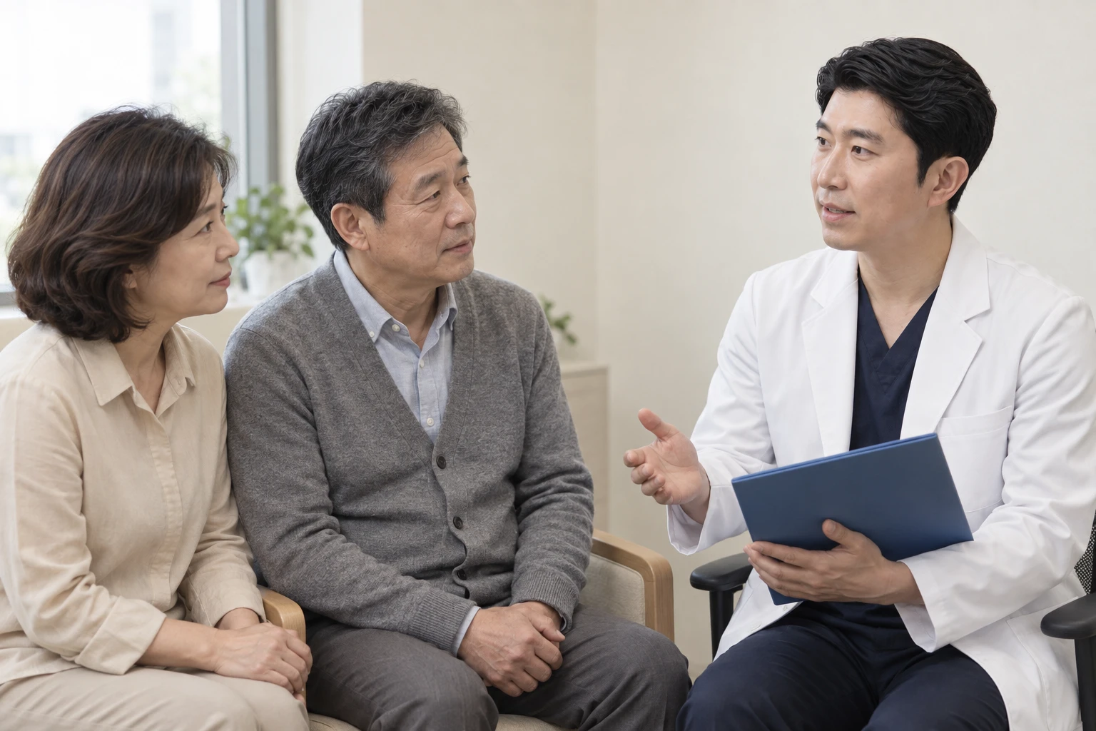 의사가 중년 남성에게 당일 준비를 설명하는 AI 생성 이미지