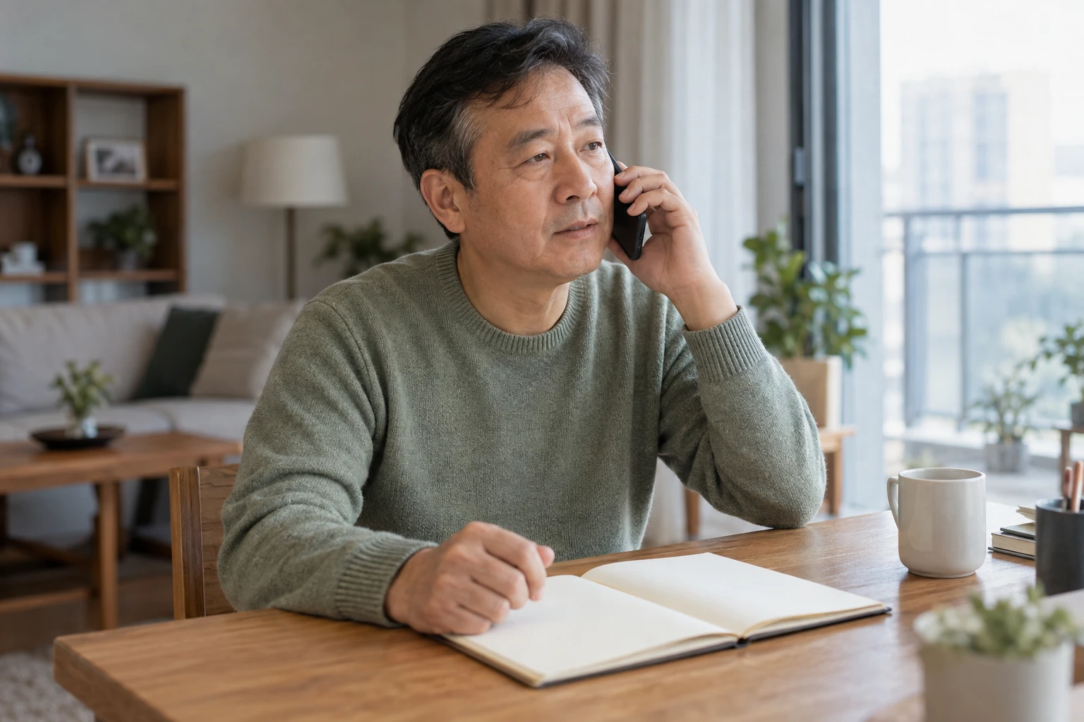 중년 남성이 회복 중 진료 일정을 확인하는 AI 생성 이미지