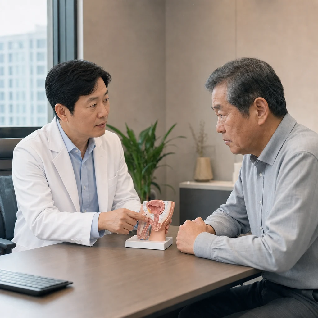 전립선비대증 리줌 시술의 수증기 주입 원리를 설명하는 진료 상담 장면