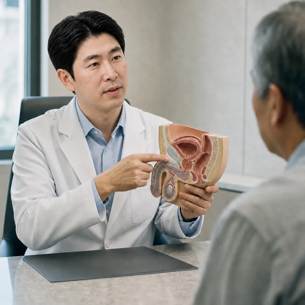 Doctor explaining the difference in prostate procedure principles using an anatomical model