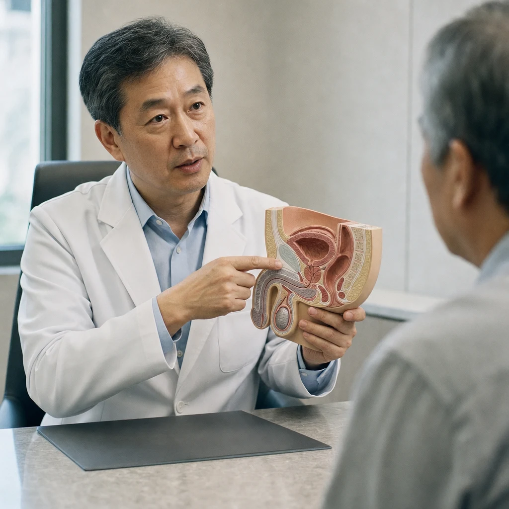 해부학 모형으로 전립선 시술 원리 차이를 설명하는 의사